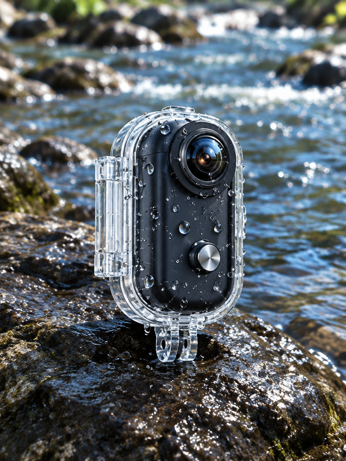 A macro photograph of the exact Clipz camera seated inside its clear waterproof housing, round lens