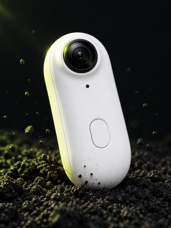 A close photograph of the exact white Clipz camera, its circular glass lens, tiny indicator and sing