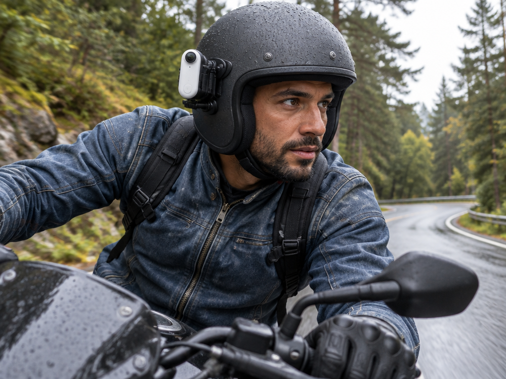 A photograph of the exact compact white Clipz action camera secured to the side of a motorcycle helm