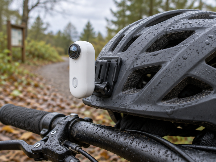 A close side photograph of the exact compact white Clipz camera attached to a charcoal cycling helme