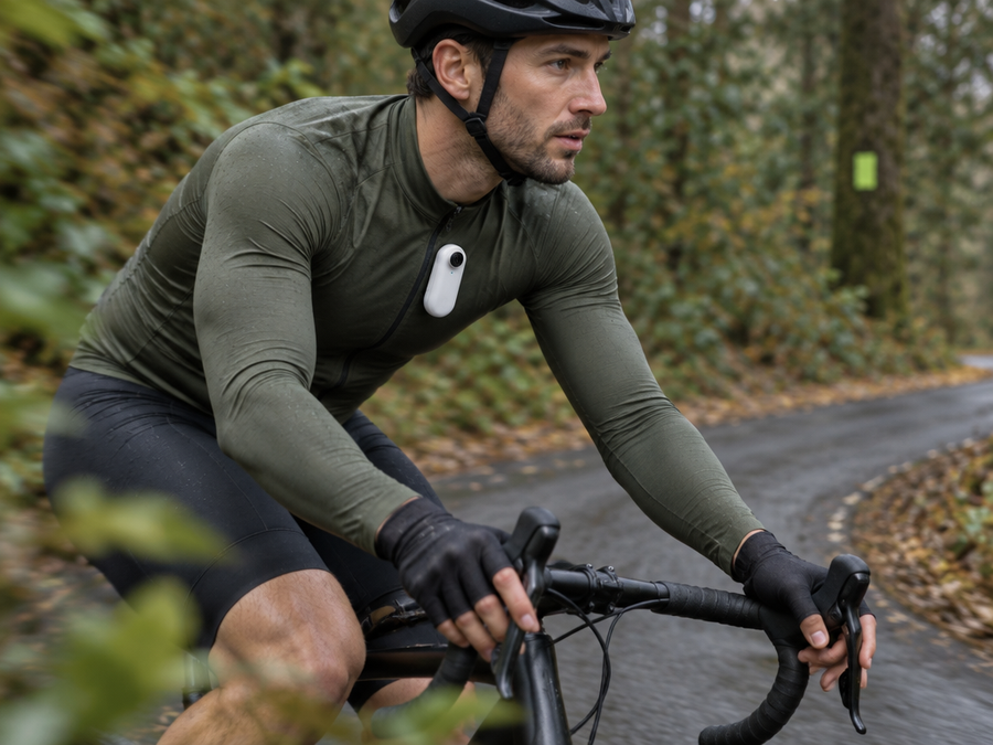 A photograph of the exact compact white Clipz camera magnetically fixed to a cyclist’s upper jersey,