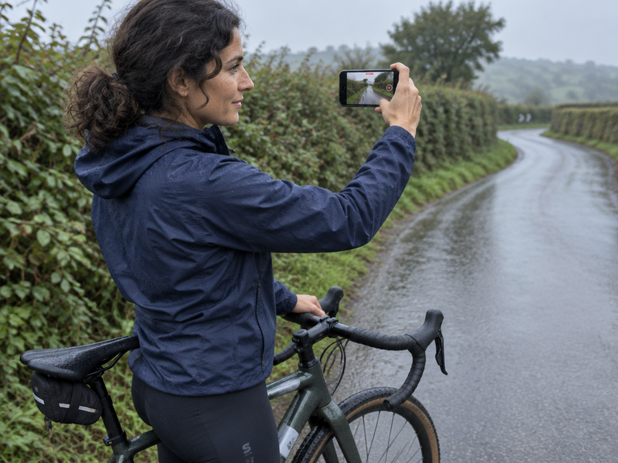 A photograph of Maya stopped beside her bicycle on a damp country lane, one hand occupied holding a
