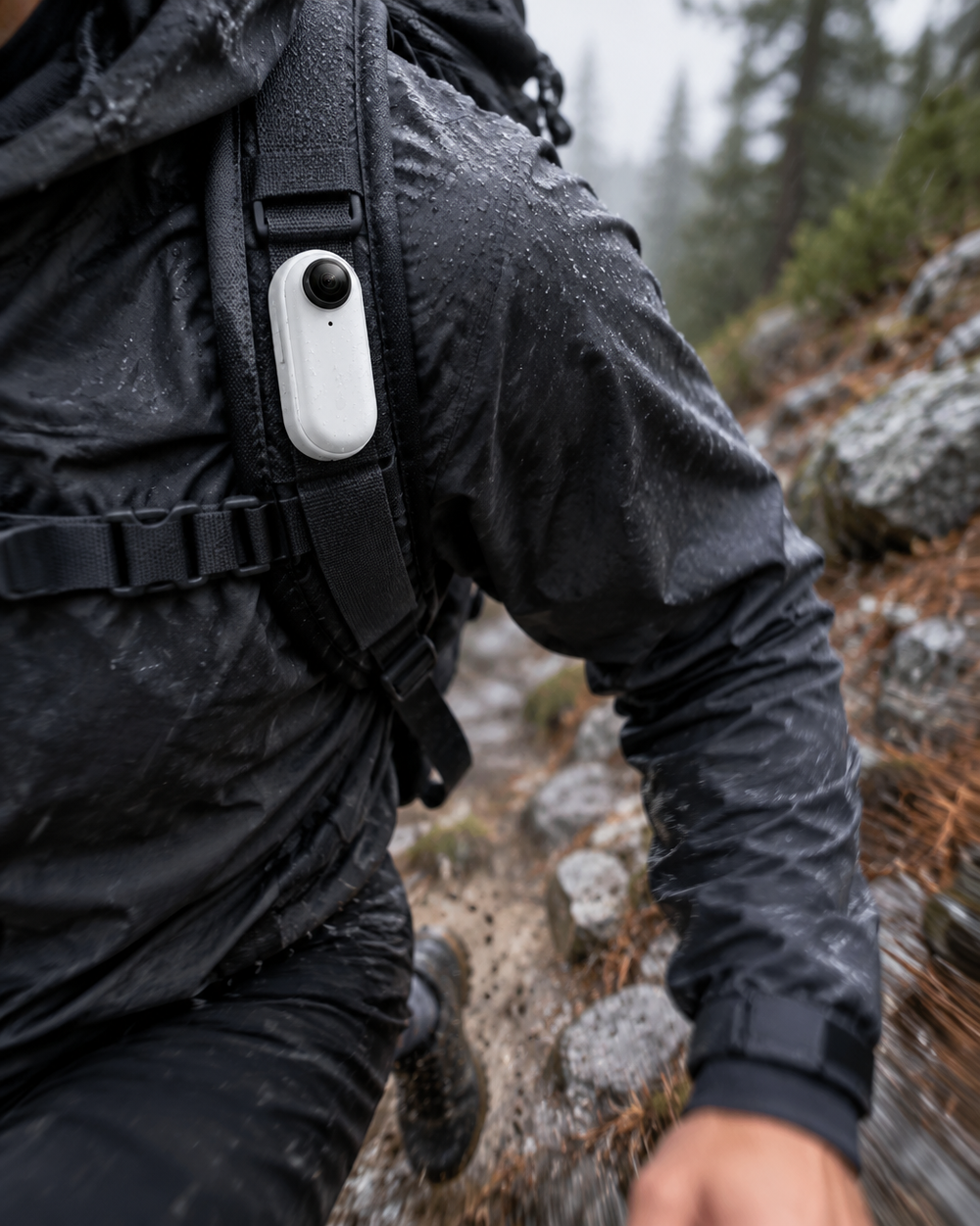 A photograph of the exact compact white Clipz camera magnetically fixed to the shoulder strap of a c