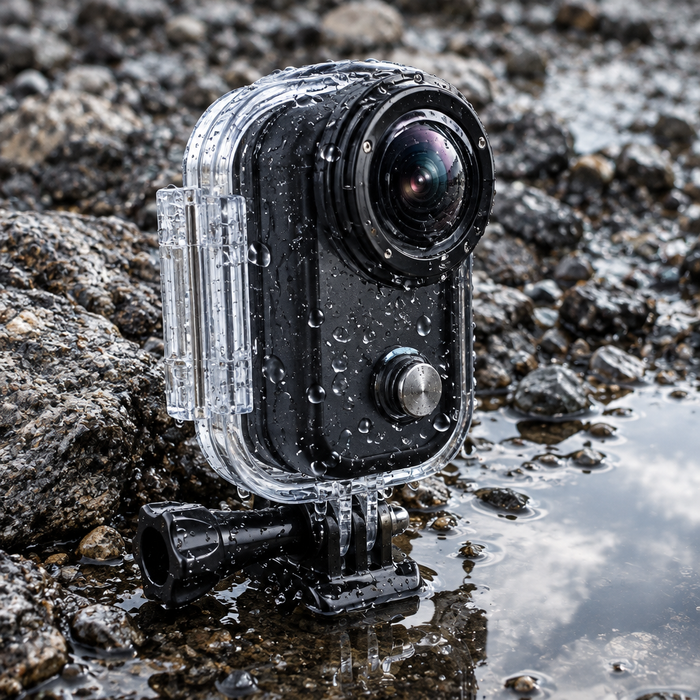 A macro photograph of the exact Clipz camera enclosed in its clear waterproof housing, the closure l