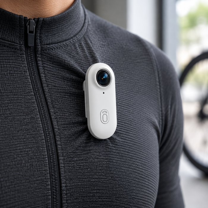 A macro photograph of the exact Clipz camera clipped onto the thick edge of a charcoal cycling jerse