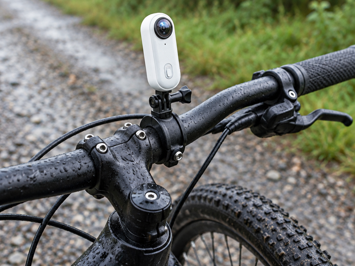 A photograph of the exact white Clipz camera fixed to a black bike handlebar mount above the stem, l